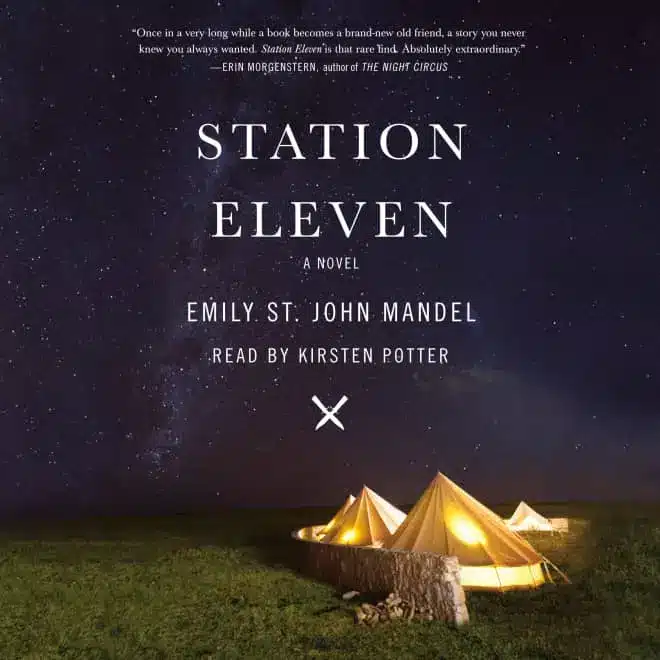 Station Eleven book cover with night sky and ivory tents. in a field against a wall.