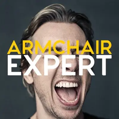 Armchair Expert title with Dax Shepard in background